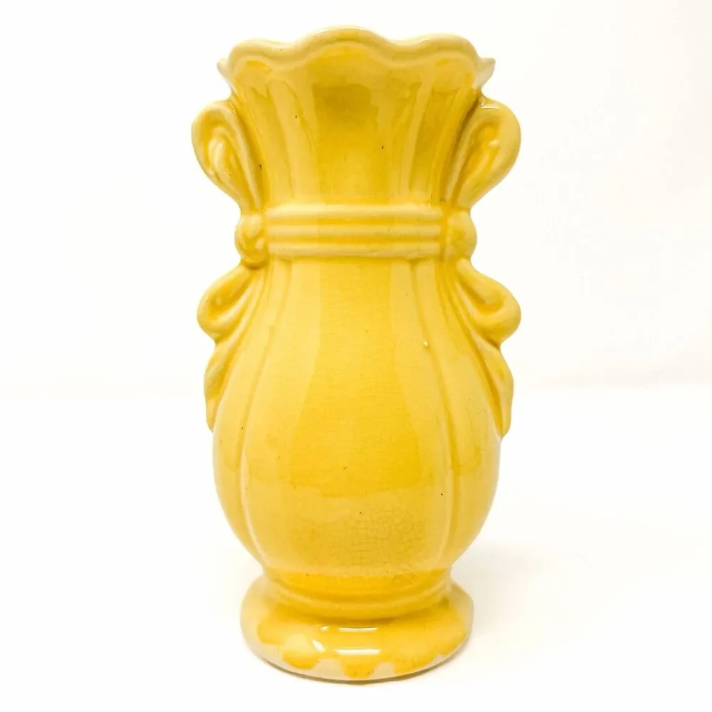 Vintage Brush McCoy 705 Yellow Ribbon Bow Vase 7” Art Pottery Cottagecore